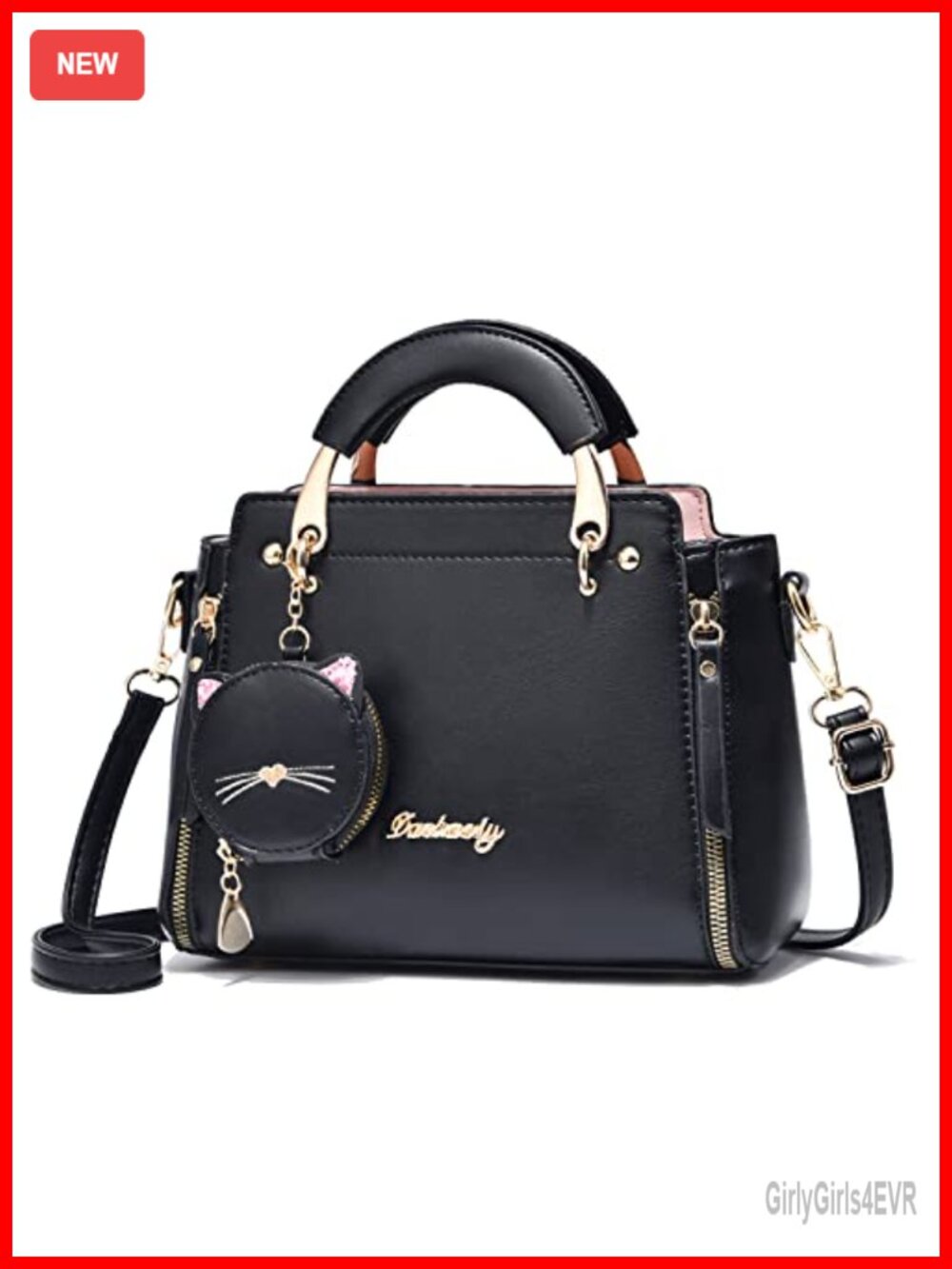 Women's PU Leather Satchel Crossbody Purse with Sequin Kitten Pendant Mini Tote
